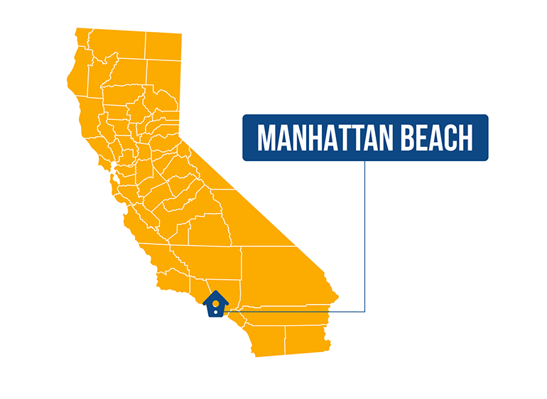 California map in orange with counties outlined; Manhattan Beach marked in blue.